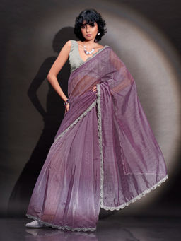 Tikhi Imli - Mauve Striped Fur Organza Saree with Grey Embellished Lace with Unstitched Blouse