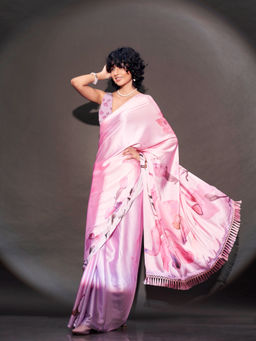 Tikhi Imli - Pink Floral Digital Satin Printed Designer Saree & Tassels with Unstitched Blouse
