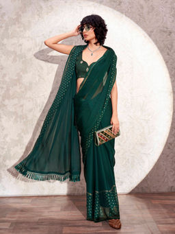 Tikhi Imli - Bottle Green Satin Saree with Woven Border & Tassels with Jacquard Unstitched Blouse
