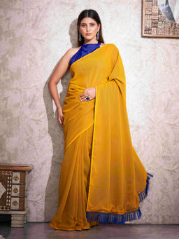 Tikhi Imli - Yellow & Blue Georgette Saree with Jacquard Blouse & Tassels with Unstitched Blouse