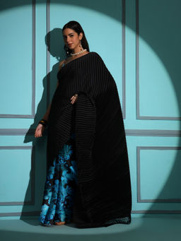 Tikhi Imli - Black & Blue Digital Printed Saree Satin Pleated Pallu & Tassels with Unstitched Blouse