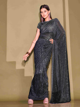Tikhi Imli - Black Lycra Foil Saree Embellished with Unstitched Blouse