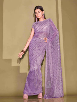 Tikhi Imli - Lavender Lycra Foil Saree Embellished with Unstitched Blouse