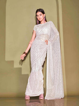 Tikhi Imli - White Lycra Foil Saree Embellished with Unstitched Blouse