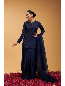RIRASA - Navy Blue Embroidered Short Kurta with Skirt and Dupatta (Set of 3)