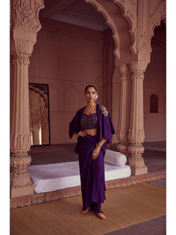 RIRASA - Purple Embroidered Bustier with Skirt and Jacket (Set of 3)