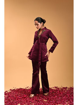 RIRASA - Burgundy Embroidered Empire Co-Ord (Set of 3)