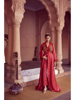 RIRASA - Red Beads & Stones Bustier with Pant and Jacket (Set of 3)