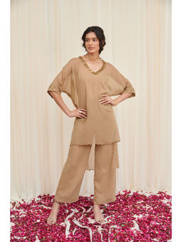 RIRASA - Beige Embellished Kurta with Pant and Camisole (Set of 3)