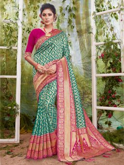 Sangam Prints - Rama & Pink Silk Stonework Traditional Saree with Unstitched Blouse
