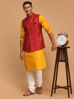 Vastramay - Mens Mustard and White Cotton Blend Jacket - Kurta and Pyjama (Set of 3)