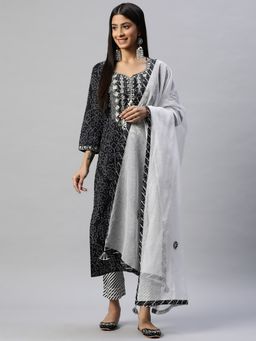 Divena - Black and White Cotton Kurta and Pants with Dupatta (Set of 3)