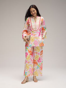 Gajra Gang - Multicolor Linen Floral print Embellished Co-ord Set Blushed Affair Set of 2