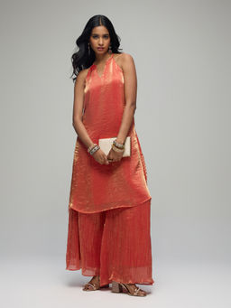 Gajra Gang - Rust Tissue Kurta with Crush Palazzo Seamance Set of 2