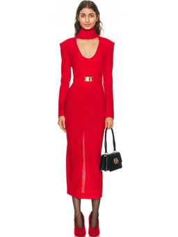 Rowen Rose - Long Sleeve Plunging Draped Collar Dress