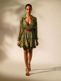 Nikita Mhaisalkar - Green Lurex Short Dress with Inner (Set of 3)