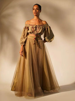 Nikita Mhaisalkar - Off Shoulder Tan with Hand Thread and Wooden Embellishment