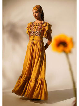 Nikita Mhaisalkar - Maxi with Hand Thread and Wooden Embellishment and Belt (Set of 2)