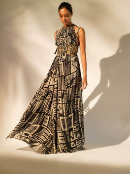 Nikita Mhaisalkar - Black Abstract Print Halter Neck Maxi