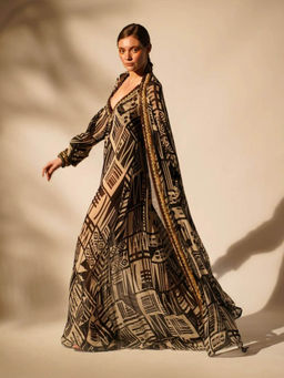 Nikita Mhaisalkar - Black Base Maxi and Jacket with Hand Thread and Wooden (Set of 2)