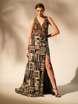 Nikita Mhaisalkar - Black Abstract Print with Hand Thread and Wooden Embellishment