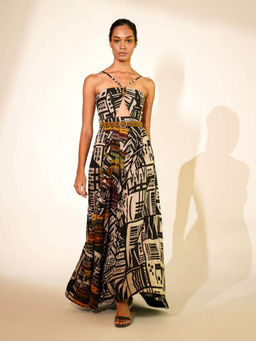 Nikita Mhaisalkar - Black Abstract Print Long Dress (Set of 2)