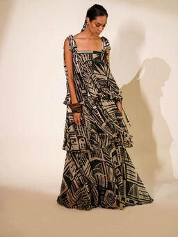 Nikita Mhaisalkar - Black Base Abstract Print Tiered Maxi Dress