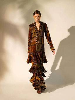 Nikita Mhaisalkar - Multicolour Abstract Print Tiered Maxi with Hand Baroque in Metallic