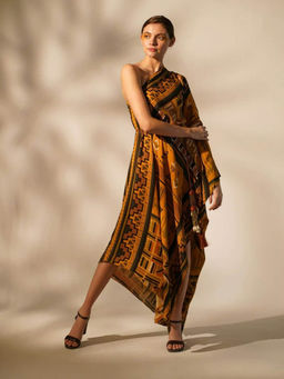 Nikita Mhaisalkar - Mustard Aztec One Shoulder Dress (Set of 2)