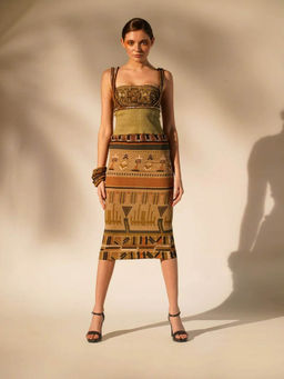 Nikita Mhaisalkar - Green Aztec Print Rib Dress with Inner and Wooden Embellishment (Set of 2)