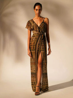 Nikita Mhaisalkar - Green Aztec Print Drape Dress (Set of 2)