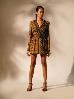 Nikita Mhaisalkar - Mustard Aztec Print Short Blazer Dress (Set of 2)