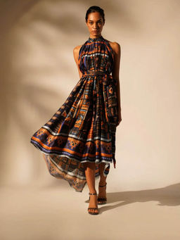 Nikita Mhaisalkar - Oxblue Aztec Mandarin Neck Dress with Belt (Set of 2)