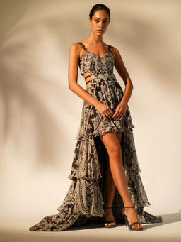 Nikita Mhaisalkar - White Base Aztec Print Tiered Maxi