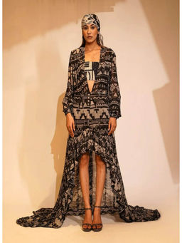 Nikita Mhaisalkar - Black Base Aztec Print Maxi with Inner (Set of 2)