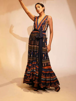 Nikita Mhaisalkar - Midnight Blue Aztec Print Maxi (Set of 2)