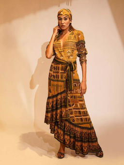 Nikita Mhaisalkar - Mustard Aztec Print Maxi with Belt (Set of 2)