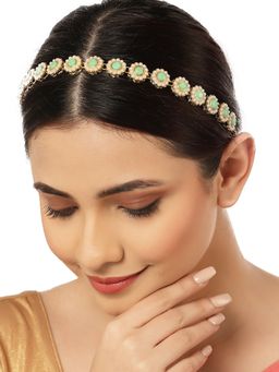 Karatcart - Gold Plated Light Green Sun Flower Design Kundan Hairband for Women