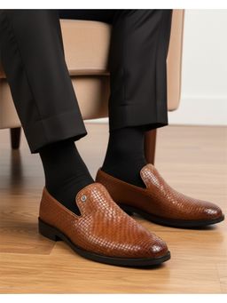 Alberto Torresi - Men Tan Woven Textured Slip-On Formal Loafers