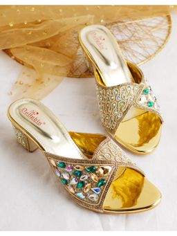 Dollphin - Women Gold Embellished Fancy Party Wear Block Sandal Heels
