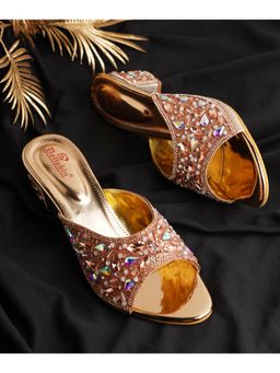 Dollphin - Women Gold Embellished Fancy Party Wear Block Sandal Heels