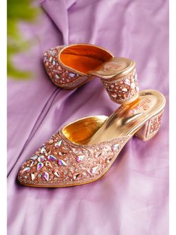 Dollphin - Women Rose Gold Embellished Fancy Party Wear Block Sandal Heels