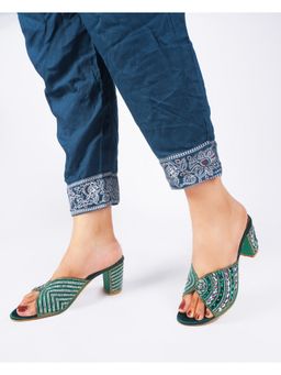 Dollphin - Women Green Embellished Fancy Party Wear Block Sandal Heels