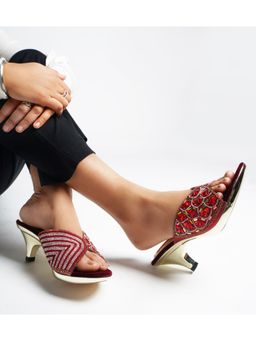 Dollphin - Women Maroon Embellished Fancy Party Wear Block Sandal Heels