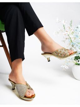 Dollphin - Women Gold Embellished Fancy Party Wear Block Sandal Heels