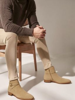 Mille Dollari - Men's Beige Leather Zipper Causal Boots