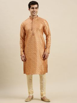 Sanwara - Mens Rust Woven Long Sleeve Art Silk Elegant Kurta with Pyjama (Set of 2)