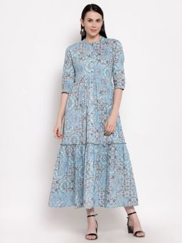 Indibelle - Cotton Blue Floral Print A-line Dress
