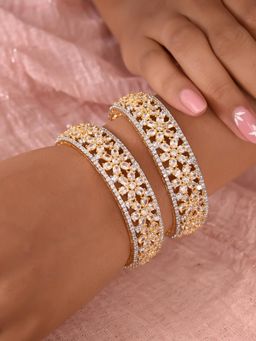 Ratnavali Jewels - White Gold Plated American Diamond Cz Floral Bangle Set