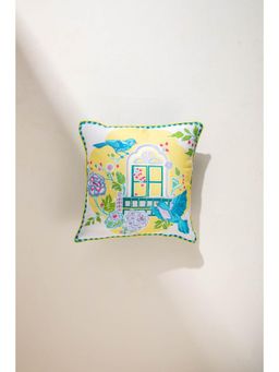 Freedom Tree - Damask Birds Cotton Duck Yellow and Blue Cushion Cover - 18x18 Inches